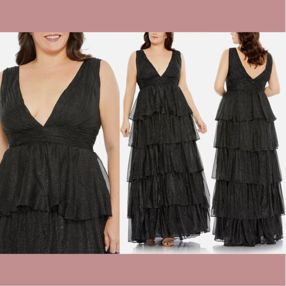 NWT $498 Mac Duggal [ 22W ] Ruffle Tiered Sleeveless V Neck Gown Black Silv Q577